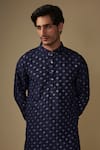 Spring Break_Navy Silk, Cotton Satin Embroidery Blue Kurta Set _Online_at_Aza_Fashions