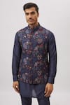 Spring Break_Navy Dupion, Silk Embroidery Blue Botanical Nehru Jacket _Online_at_Aza_Fashions