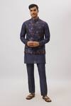 Buy_Spring Break_Navy Dupion, Silk Embroidery Blue Botanical Nehru Jacket _at_Aza_Fashions