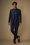 Buy_Spring Break_Navy Cotton Satin Embroidery Blue Geometric Jacket Kurta Set _at_Aza_Fashions