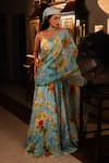 Buy_Affroz_Blue Viscose, Crepe Round Neck Floral Print Pre-draped Lehenga Saree Set _at_Aza_Fashions