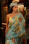Affroz_Blue Viscose, Crepe Round Neck Floral Print Pre-draped Lehenga Saree Set _Online_at_Aza_Fashions