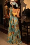 Shop_Affroz_Blue Viscose, Crepe Round Neck Floral Print Pre-draped Lehenga Saree Set _at_Aza_Fashions