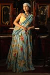 Buy_Affroz_Blue Viscose, Crepe Round Neck Floral Print Pre-draped Lehenga Saree Set _Online_at_Aza_Fashions