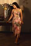 Buy_Affroz_Pink Viscose, Crepe Embroidery, Fabric Flowers Floral Hand Skirt And Bustier Set 