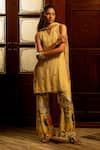 Buy_Affroz_Yellow Viscose, Crepe, Organza Beads V-neck Hand Embroidered Kurta Set _at_Aza_Fashions