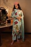 Buy_Affroz_Blue Viscose, Crepe, Organza Beads Round Neck Floral Hand Embroidered Kurta Set _at_Aza_Fashions