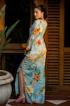 Shop_Affroz_Blue Viscose, Crepe Embroidery Square Neck Floral Hand Kaftan _at_Aza_Fashions