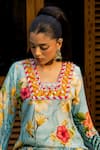 Affroz_Blue Viscose, Crepe Embroidery Square Neck Floral Hand Kaftan _Online_at_Aza_Fashions