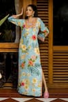 Buy_Affroz_Blue Viscose, Crepe Embroidery Square Neck Floral Hand Kaftan _at_Aza_Fashions
