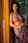 Affroz_Pink Organza, Silk, Viscose, Crepe Embroidery Floral Print Pre-draped Saree Set _Online_at_Aza_Fashions