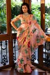 Buy_Affroz_Pink Organza, Silk, Viscose, Crepe Embroidery Floral Print Pre-draped Saree Set _at_Aza_Fashions