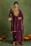 Buy_Saina Kapoor_Wine Chanderi Embroidery Split V-neck Choga Kurta Set _at_Aza_Fashions