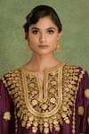 Shop_Saina Kapoor_Wine Chanderi Embroidery Split V-neck Choga Kurta Set _Online_at_Aza_Fashions