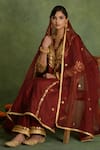 Shop_Saina Kapoor_Maroon Chanderi Embroidery Split V-neck Kurta Set _Online_at_Aza_Fashions