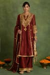 Buy_Saina Kapoor_Maroon Chanderi Embroidery Split V-neck Kurta Set _at_Aza_Fashions