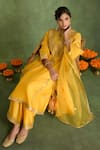 Shop_Saina Kapoor_Yellow Chanderi Embroidery Split V-neck Kurta Set _Online_at_Aza_Fashions