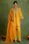 Buy_Saina Kapoor_Yellow Chanderi Embroidery, Zari Keyhole Neck Choga Kurta Set _at_Aza_Fashions