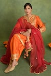 Saina Kapoor_Orange Chanderi Embroidery, Tassels Split V-neck Kurta Set _at_Aza_Fashions
