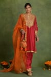 Buy_Saina Kapoor_Pink Chanderi Embroidery Split V-neck Choga Kurta Set _at_Aza_Fashions