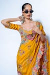 Rishi And Vibhuti_Yellow Organza, Chanderi Embroidery, Marigold Muse Pre-draped Saree And Blouse Set _Online_at_Aza_Fashions