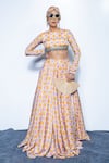 Buy_Rishi And Vibhuti_Yellow Crepe Beads Round Neck Sunset Lehenga Set  _at_Aza_Fashions