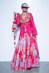 Buy_Rishi And Vibhuti_Fuchsia Organza Tassels, Beads Round Neck Pink Rani Rush Lehenga Set _at_Aza_Fashions