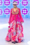Shop_Rishi And Vibhuti_Fuchsia Organza Tassels, Beads Round Neck Pink Rani Rush Lehenga Set _at_Aza_Fashions