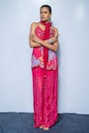 Rishi And Vibhuti_Fuchsia Organza Pom-poms, Embroidery Round Neck Pink Designer Dee Kurta Set _Online_at_Aza_Fashions