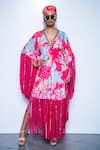 Buy_Rishi And Vibhuti_Fuchsia Crepe Fringe V-neck Dream Kaftan _at_Aza_Fashions