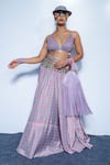 Shop_Rishi And Vibhuti_Magenta Crepe, Georgette Sequins, Mario Printed Bralette And Lehenga Set _at_Aza_Fashions