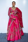Rishi And Vibhuti_Fuchsia Chanderi, Net Sequins, Embroidery V-neck Pink Royale Lehenga Set _Online_at_Aza_Fashions