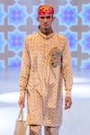Shop_Rishi And Vibhuti_Maroon Crepe Embroidery Marigold Yellow Printed Kurta And Pant Set _at_Aza_Fashions