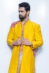 Shop_Rishi And Vibhuti_Yellow Dupion Embroidery Aura Jacket And Kurta Set _at_Aza_Fashions