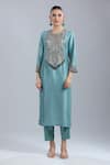 Buy_Prisho_Blue Embroidery, Beads, Sequins Round Neck Kurta Pant Set _Online_at_Aza_Fashions