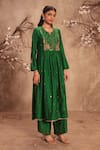 Label Niti Bothra_Green Silk Embroidery Round Neck Placement Kurta With Pant _at_Aza_Fashions