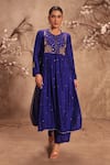 Buy_Label Niti Bothra_Blue Silk Embroidery, Sequins Round Neck Kurta With Pant _Online_at_Aza_Fashions