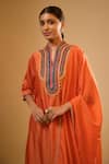 Label Niti Bothra_Orange Silk Embroidery Split V-neck Yoke Kurta With Pant _Online_at_Aza_Fashions