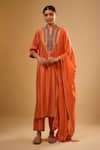 Buy_Label Niti Bothra_Orange Silk Embroidery Split V-neck Yoke Kurta With Pant _at_Aza_Fashions