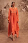 Label Niti Bothra_Orange Silk Embroidery Round Neck Yoke Kurta With Pant _Online_at_Aza_Fashions