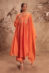 Buy_Label Niti Bothra_Orange Silk Embroidery Round Neck Yoke Kurta With Pant _at_Aza_Fashions