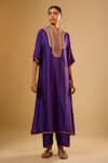 Buy_Label Niti Bothra_Purple Silk Embroidery Split V-neck Yoke Kurta With Pant _at_Aza_Fashions