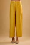 Label Niti Bothra_Yellow Silk Embroidery Split V-neck Yoke Kurta With Pant _Online_at_Aza_Fashions