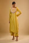 Label Niti Bothra_Yellow Silk Embroidery Round Neck Lotus Yoke Kurta With Pant _Online_at_Aza_Fashions