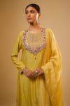 Shop_Label Niti Bothra_Yellow Silk Embroidery Round Neck Lotus Yoke Kurta With Pant _Online_at_Aza_Fashions