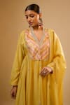 Shop_Label Niti Bothra_Yellow Silk Sequins V-neck Stripe Yoke Kurta With Pant _Online_at_Aza_Fashions