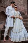 Preevin_Blue Chanderi Silk Embroidery Ice Big Border Full Kurta With Pant _at_Aza_Fashions