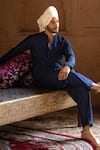 Shop_Preevin_Blue Cotton, Silk Embroidery Indigo Line Sequence Kurta With Pant _Online_at_Aza_Fashions