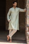 Shop_Preevin_Mint Chanderi Silk, Cotton Embroidery Big Border Full Kurta With Pant _Online_at_Aza_Fashions