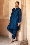 Buy_Preevin_Navy Cotton, Silk Embroidery Blue Line Sequence Kurta With Pant _at_Aza_Fashions